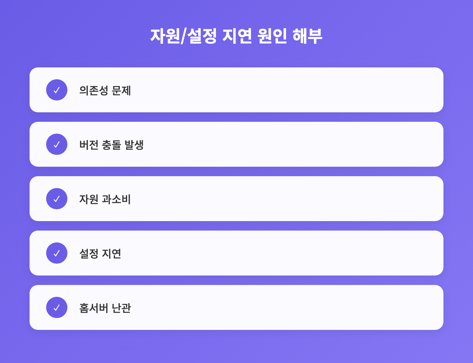 자원/설정 지연 원인 해부 - 체크리스트: 의존성 문제, 버전 충돌 발생, 자원 과소비 외 2개